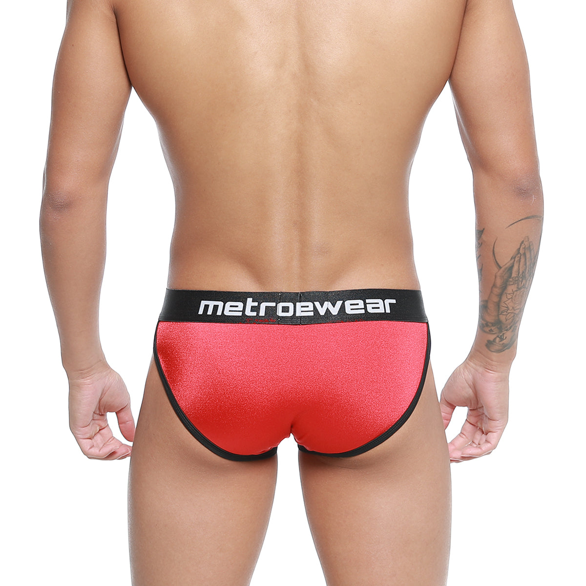 Red metallic metro male wear active briefs with black trim and metrowear logo waistband in style 3303-12