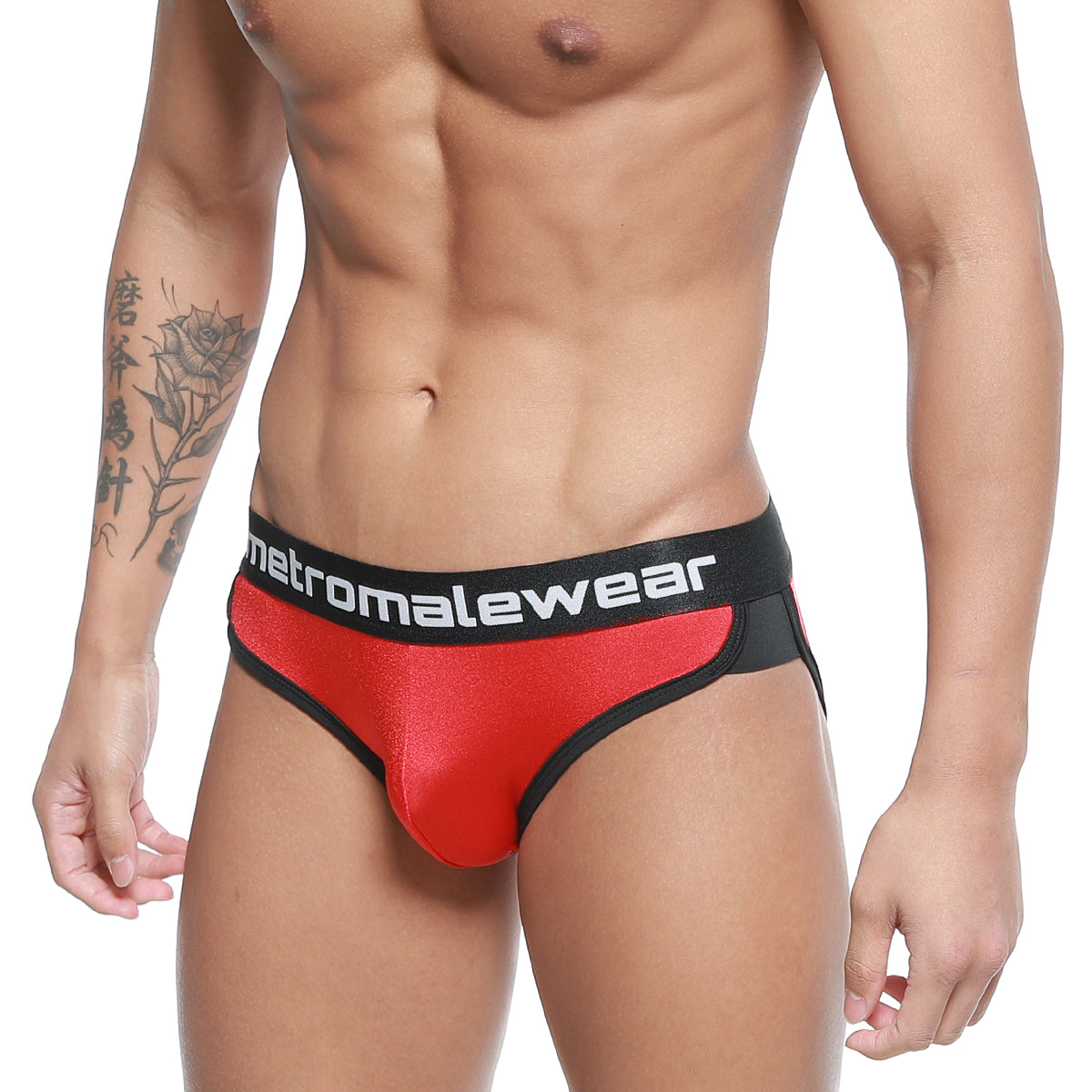 Red and black metromalewear active briefs with shiny form-fitting design for comfortable active wear