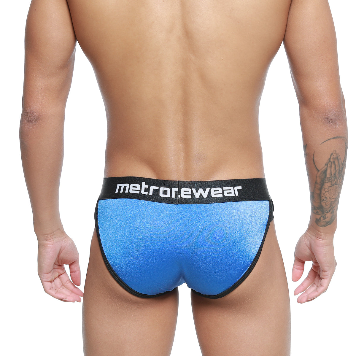 Blue metallic metro male wear active briefs with black waistband featuring metrowear logo model 3303-18