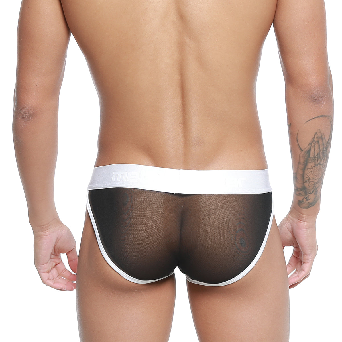 Metro male wear active brief black mesh 3303-72 features black mesh briefs with white elastic waistband and trim