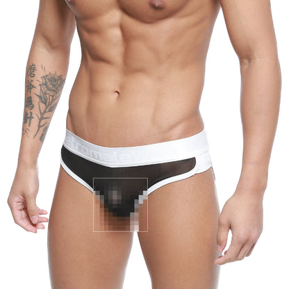 Black and white MetroMaleWear active briefs in breathable mesh with a wide elastic waistband front view