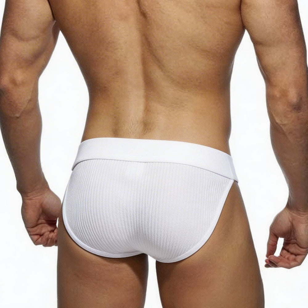 White metro male wear nacional bikini briefs with ribbed texture and smooth elastic waistband in cotton blend