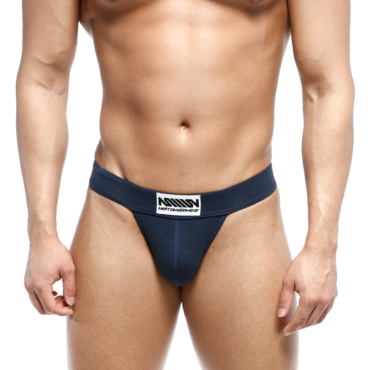 Navy blue metroMaleWear deseo bikini briefs with white label and black text for athletic comfort and style