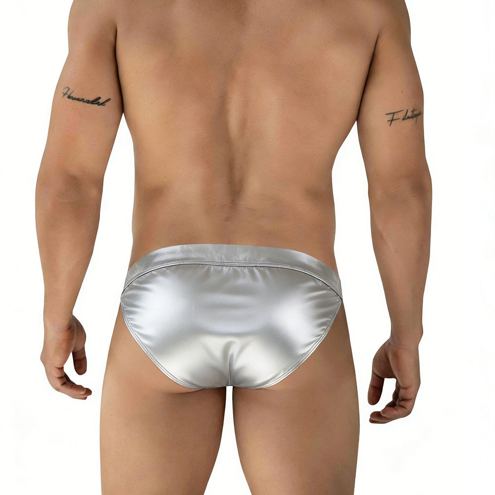 Silver satin briefs from metromalewear deseo bikini metallic silver 3304-m10 with smooth shiny fabric