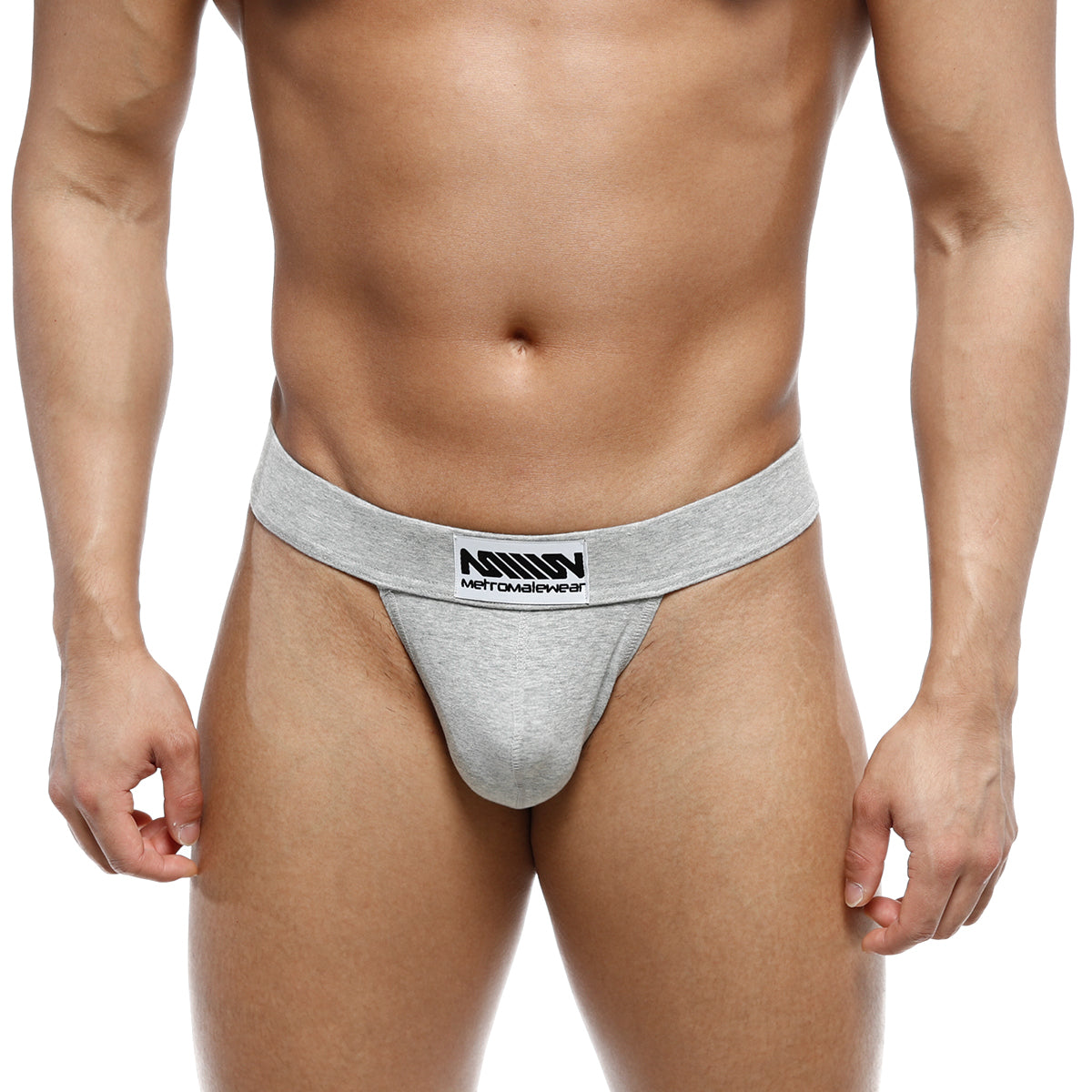 Gray heathered cotton briefs with a black and white metromalewear logo waistband metro malewear deseo thong jasper gray 3312-10