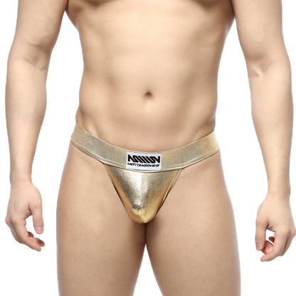 Gold metallic briefs with black and white logo waistband MetroMaleWear Deseo Thong Metal Gold 3312-21 front view
