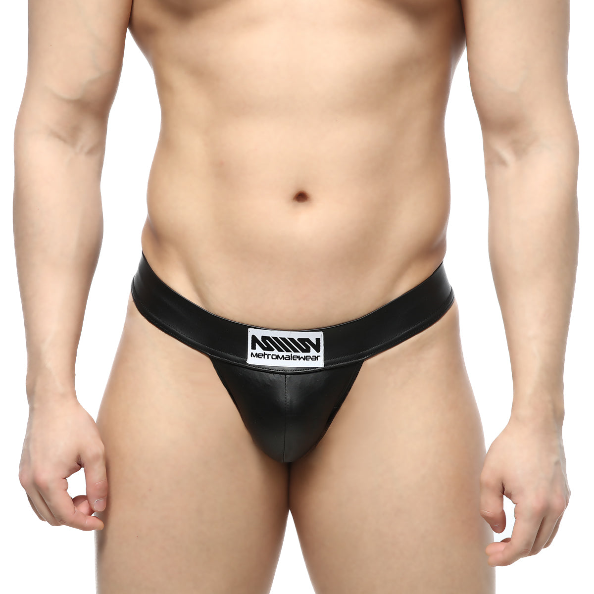 MetroMaleWear deseo black leather-like thong with white rectangular logo patch on waistband front view
