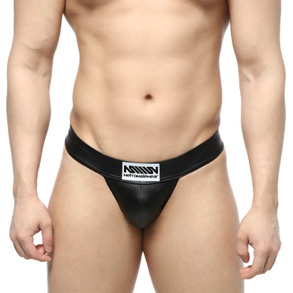 MetroMaleWear deseo black leather-like thong with white rectangular logo patch on waistband front view