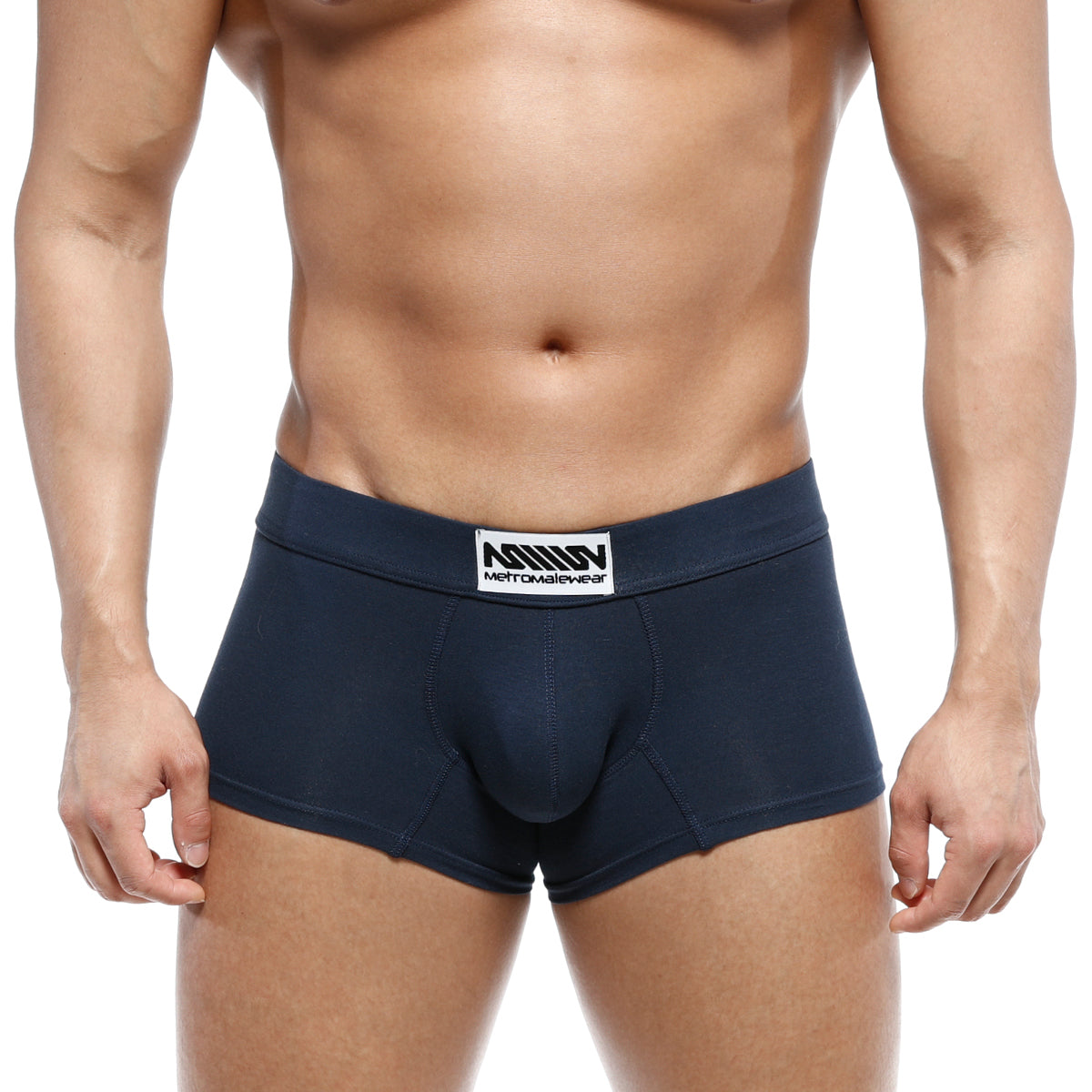 Navy blue MetroMaleWear deseo boxer briefs with a white branded label featuring logo and brand name metromalewear