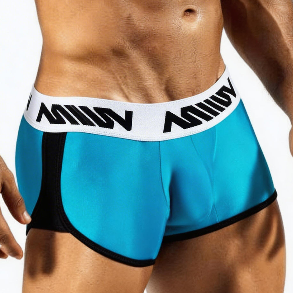 MetroMaleWear active boxer briefs in turquoise and black with white waistband featuring bold black lettering