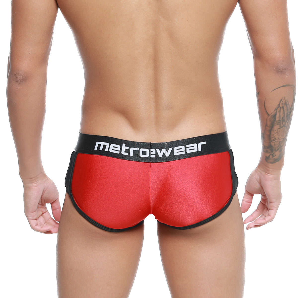 Red metallic briefs with black trim and metrowear waistband from MetroMaleWear active boxer collection 3327-12