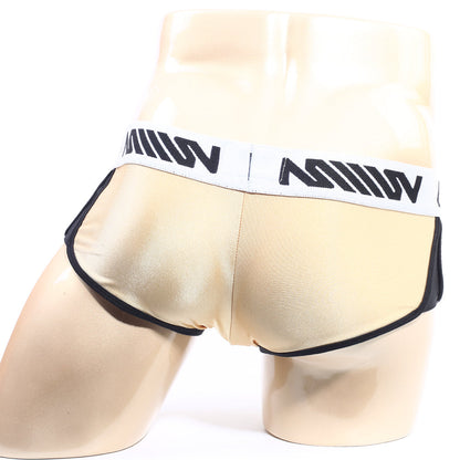 Beige satin briefs with black trim and white waistband featuring bold black lettering metroMalewear active boxer gold 3327-21