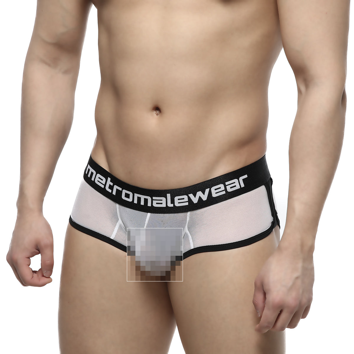 Black and white transparent mesh briefs with metromalewear branding on the waistband, metro malewear active boxer 3327-71