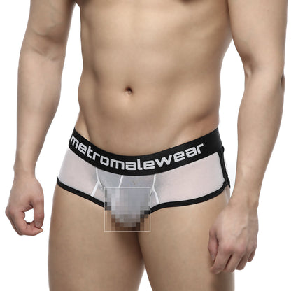 Black and white transparent mesh briefs with metromalewear branding on the waistband, metro malewear active boxer 3327-71