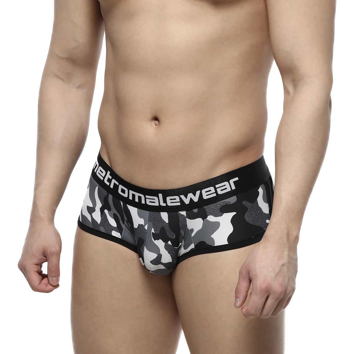 Black and gray camouflage men’s briefs with black elastic waistband branded metromalewear in active boxer style