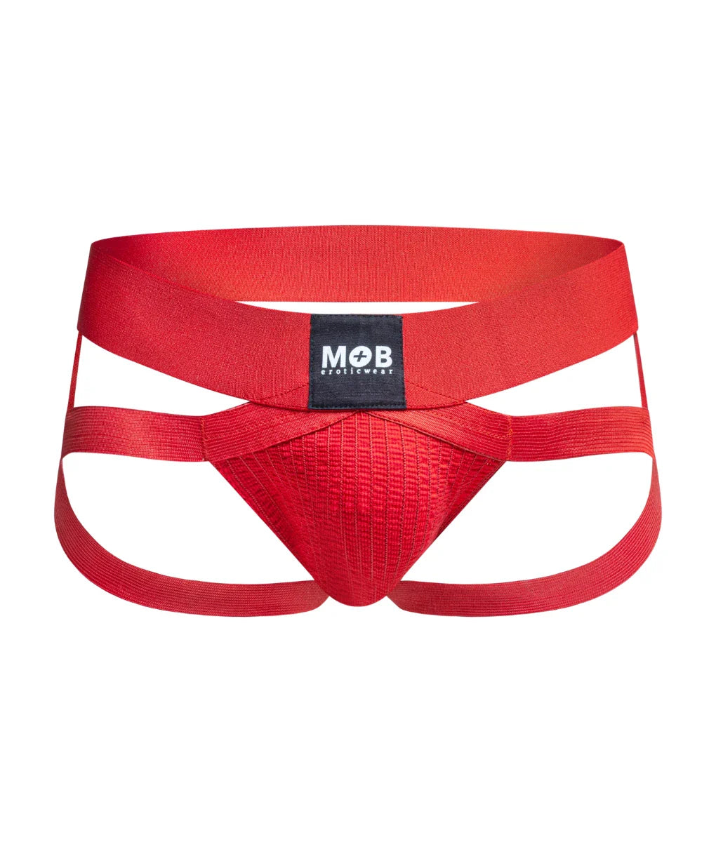 Men’s x jockstrap red fabric briefs with bold crisscross design and black mob eroticwear waistband label