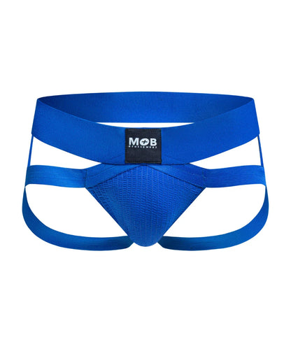 Men’s x jockstrap in bright blue with bold crisscross design and elastic waistband form-fitting athletic briefs