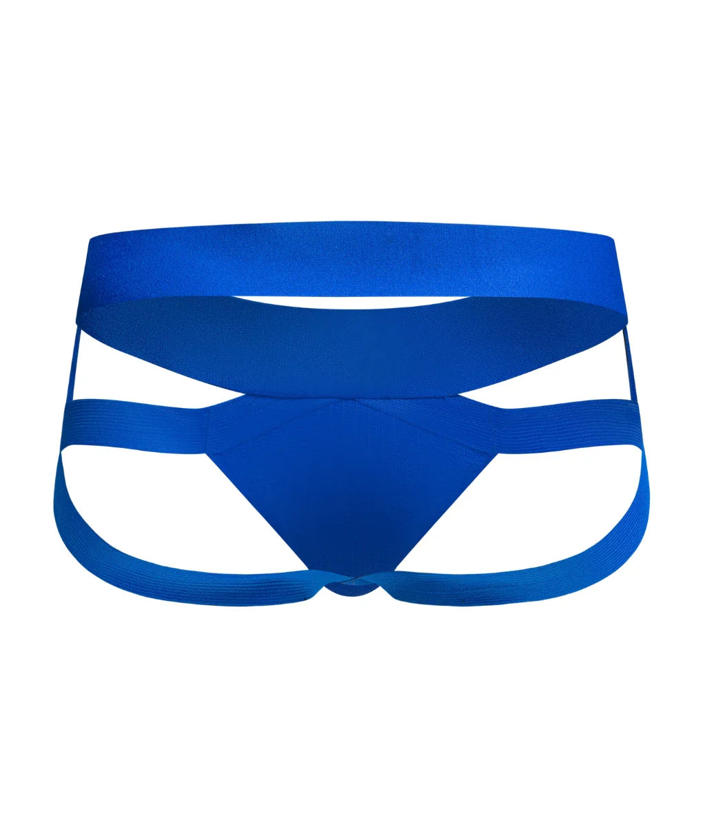 Men’s x jockstrap blue athletic briefs with supportive strappy design for active wear front view