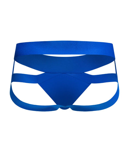 Men’s x jockstrap blue athletic briefs with supportive strappy design for active wear front view