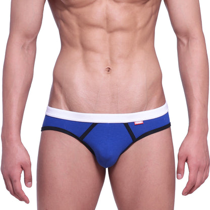Metro male wear bare lowrise jock strap royal 3401-18 blue briefs with white waistband and black trim front view