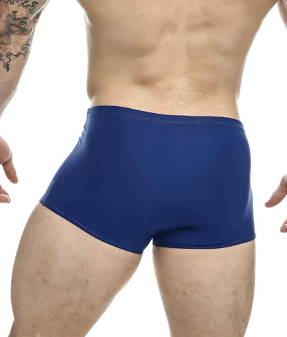 Justin plus Simon classic boxer solid royal blue swim trunks with smooth stretchy fabric and clean waistband stitching
