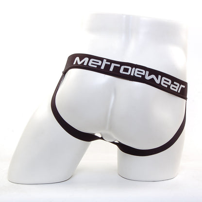 Black metrowear briefs with sleek form-fitting design and white lettering on waistband from MetroMaleWear Bosillo Jock Strap Navy 3501-28