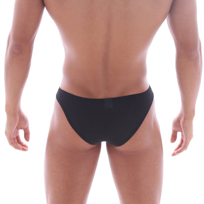 MetroMalewear bosillo half back bikini black briefs with smooth, form-fitting design shown from the back side
