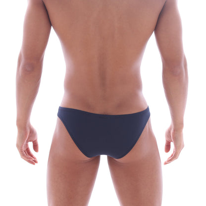 Navy blue metro male wear bosillo half back bikini briefs with smooth form-fitting design shown from the back side