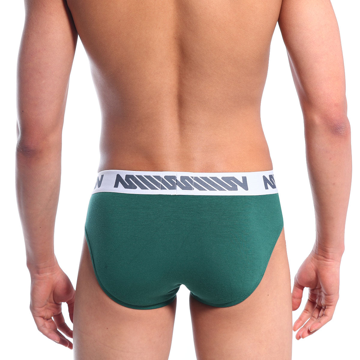 Green athletic briefs with white elastic waistband and gray geometric logo pattern metro malewear bosillo brief pine green
