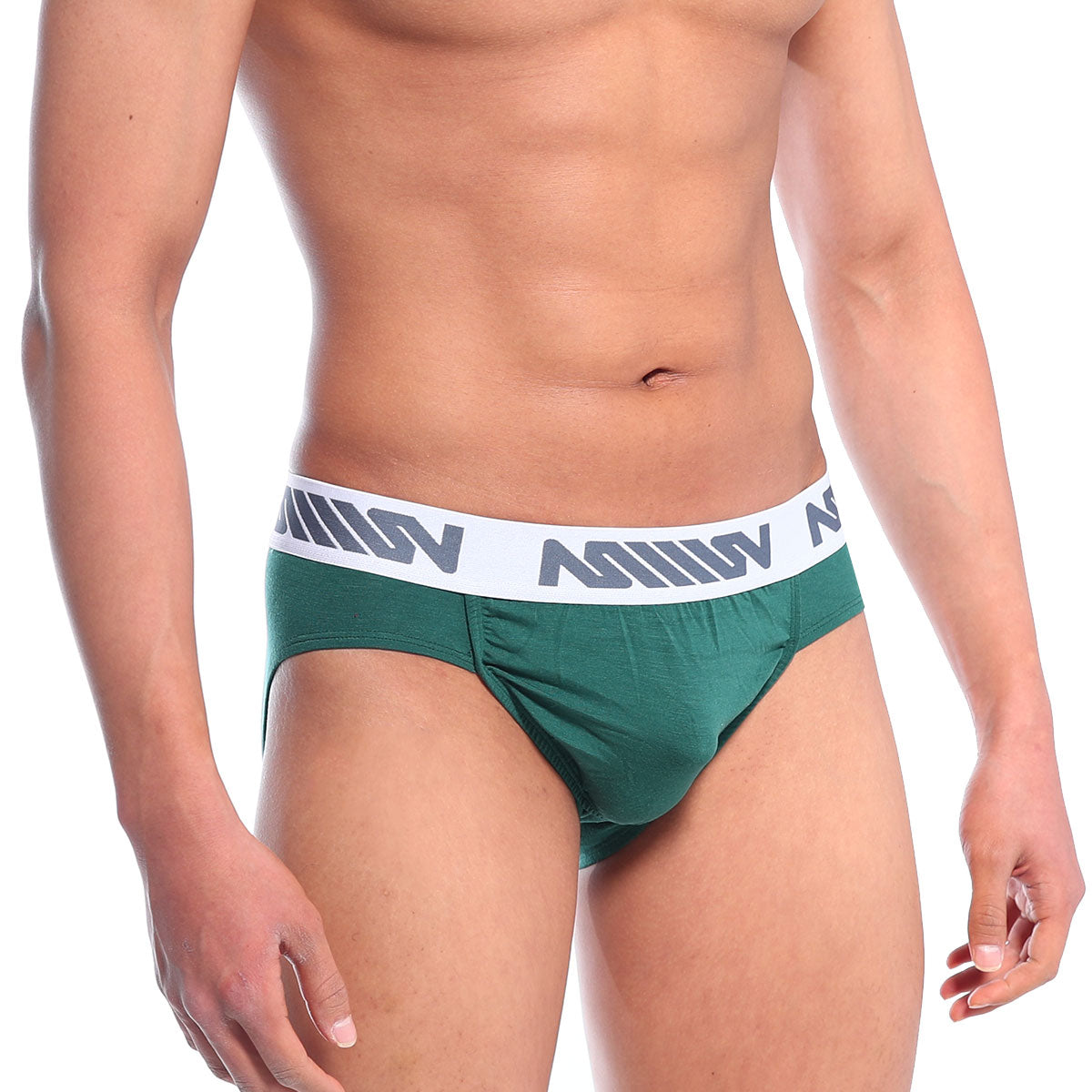 Green metroMalewear bosillo briefs with white elastic waistband and gray logo pattern in pine green color