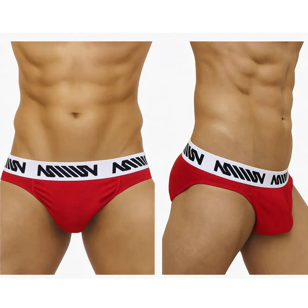Red men's brief with a white branded waistband made by MetroMaleWear featuring a snug fit and smooth fabric