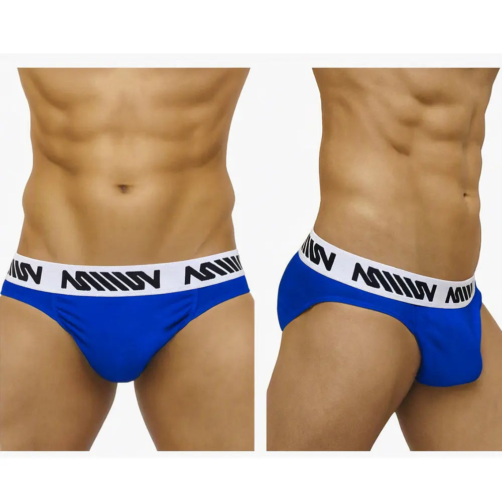Royal blue men's brief with a white branded waistband featuring a snug fit and smooth fabric by MetroMaleWear M2W