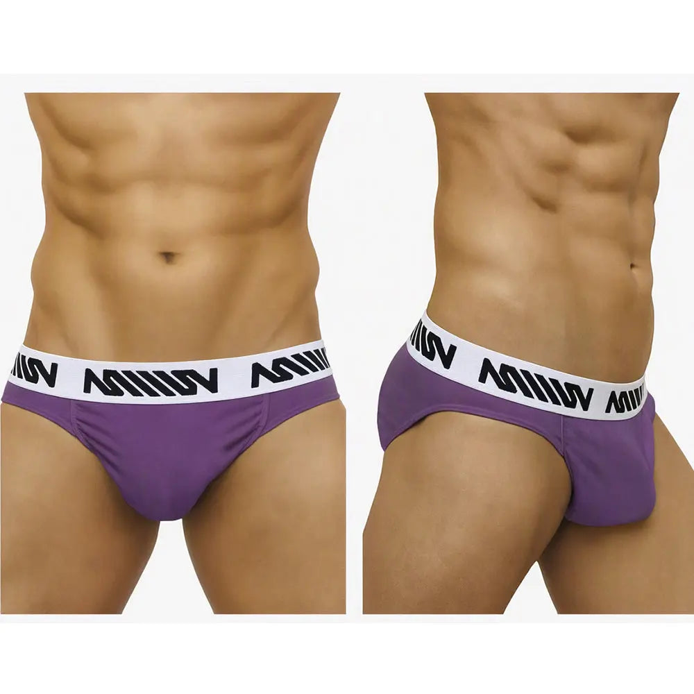 Men's grape-colored briefs with a white branded waistband shown from front and side views by MetroMaleWear M2W