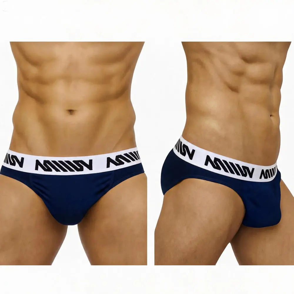 Navy men's briefs with a white branded waistband featuring a snug fit and smooth fabric by MetroMaleWear M2W
