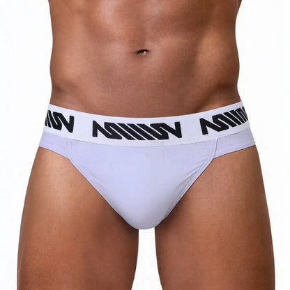 Lavender men's brief with a black logo waistband shown on a model by MetroMaleWear M2W