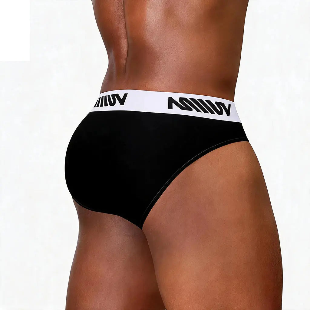 Black men's brief with a white branded waistband shown from the back highlighting the fit and material by MetroMaleWear M2W