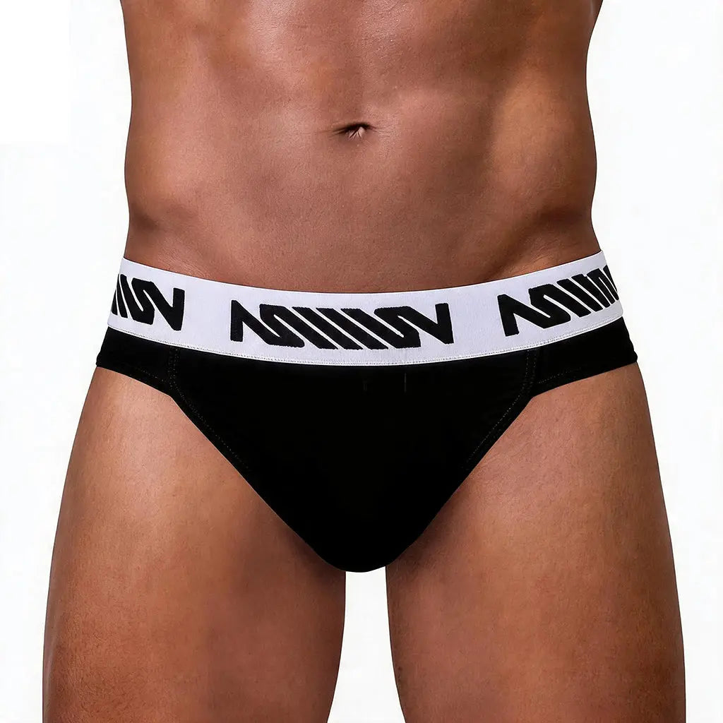 Black men's brief with a white logo waistband made by MetroMaleWear featuring a snug fit and soft fabric