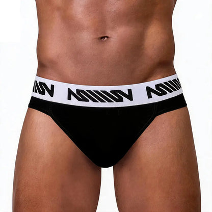 Black men's brief with a white logo waistband made by MetroMaleWear featuring a snug fit and soft fabric