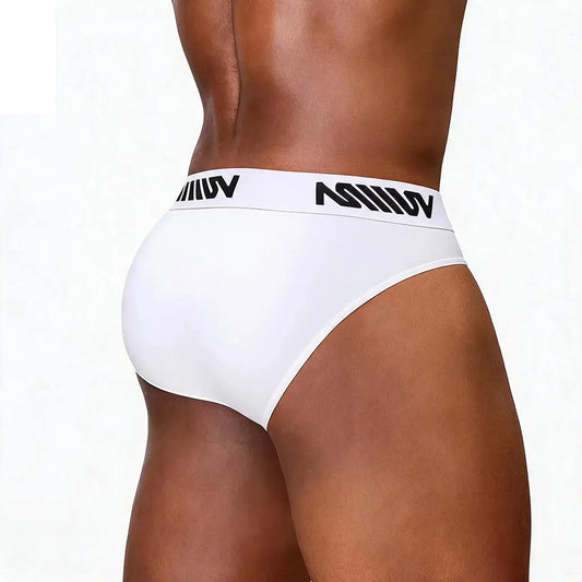 White men's brief with a logo waistband showcasing a snug fit by MetroMaleWear M2W