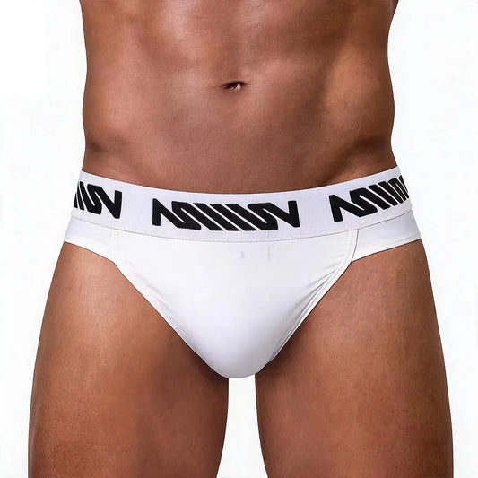 White men's brief with a black logo waistband made from soft fabric shown on a model's lower body