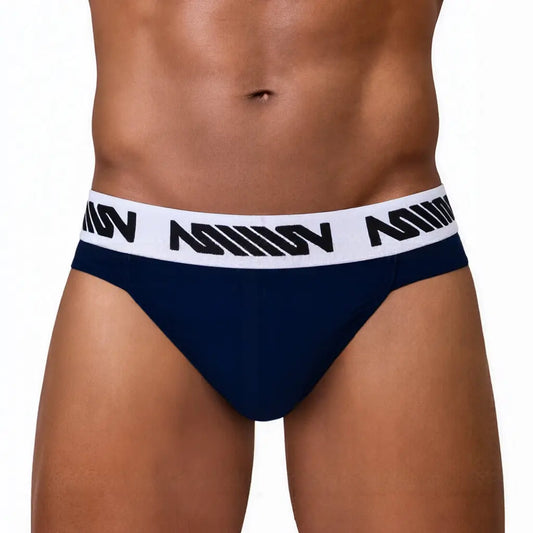 Dark blue men's brief with a white waistband featuring the MetroMaleWear logo shown on a model's lower body