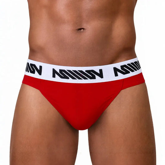 Red men's brief with a white branded waistband made by MetroMaleWear featuring a snug fit and smooth fabric