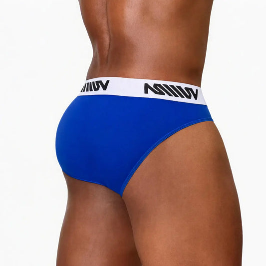 Royal blue men's brief with a white waistband featuring the MetroMaleWear logo shown from the back on a model