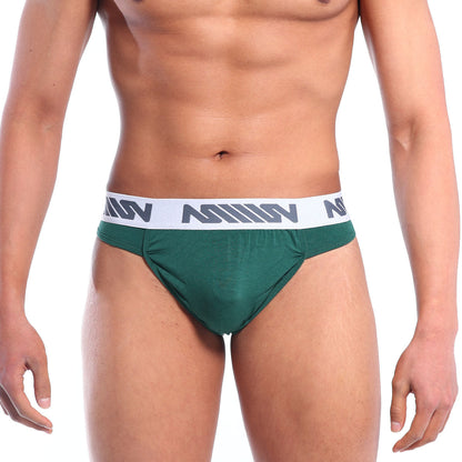 Dark green athletic briefs with white elastic waistband featuring repeating gray logo by MetroMaleWear bosillo bold thong