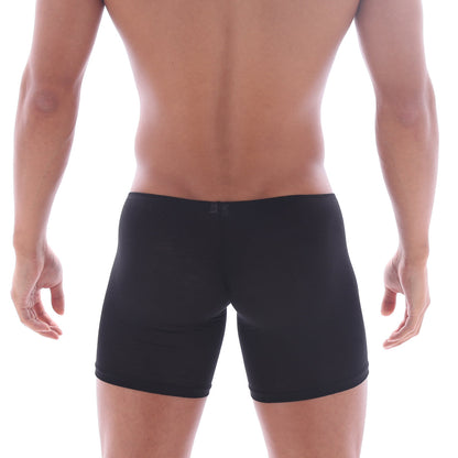 Black form-fitting boxer briefs with smooth stretchy fabric and minimalist design metro male wear bosillo long boxer