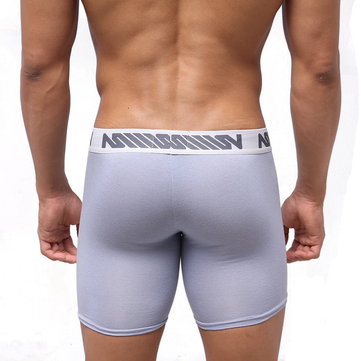 Gray athletic briefs with white waistband and gray geometric logo pattern from metromalewear bosillo bold long boxer lavender 3515-08