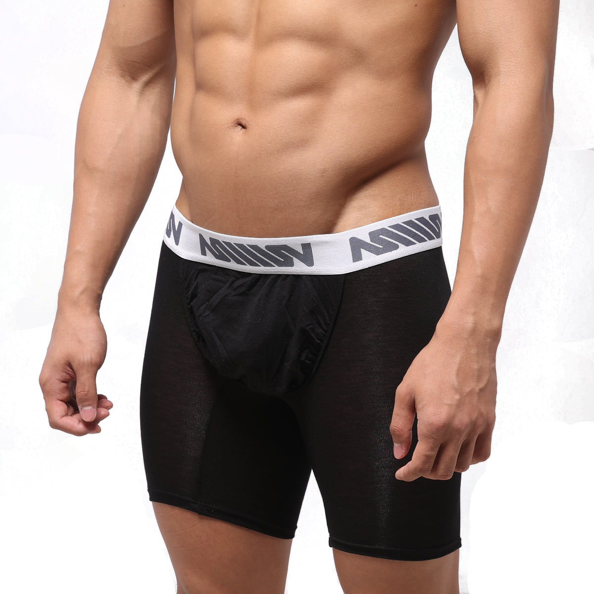Black men’s boxer briefs metroMalewear bosillo bold long boxer black 3515-20 with white waistband and gray asian lettering