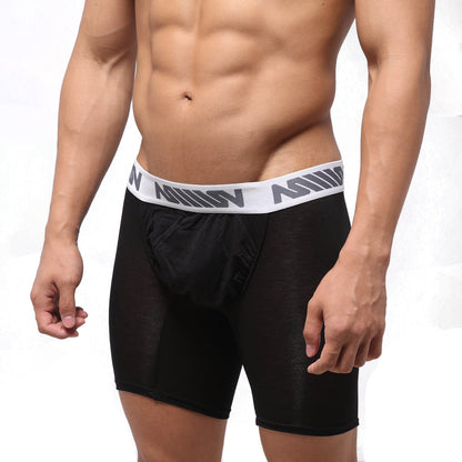 Black men’s boxer briefs metroMalewear bosillo bold long boxer black 3515-20 with white waistband and gray asian lettering