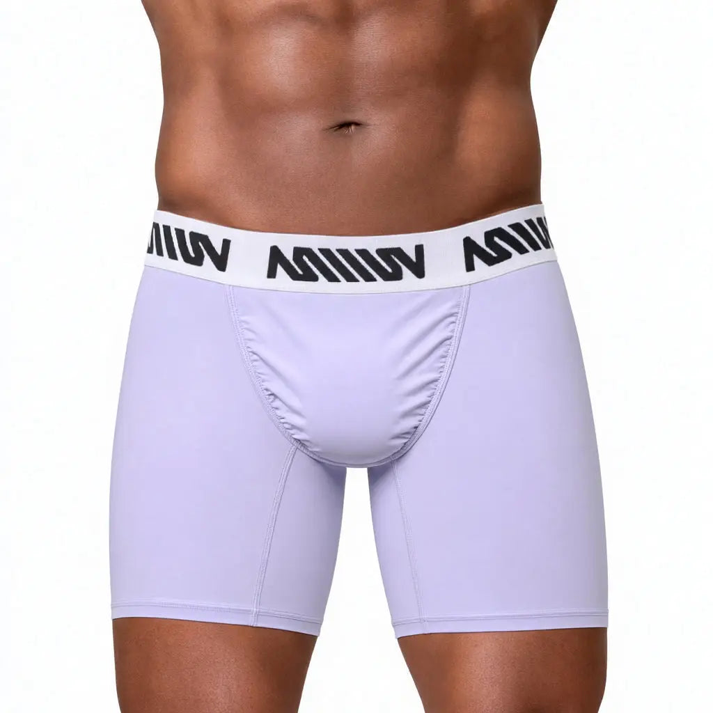 Lavender boxer brief with a black logo waistband shown on a model by MetroMaleWear M2W