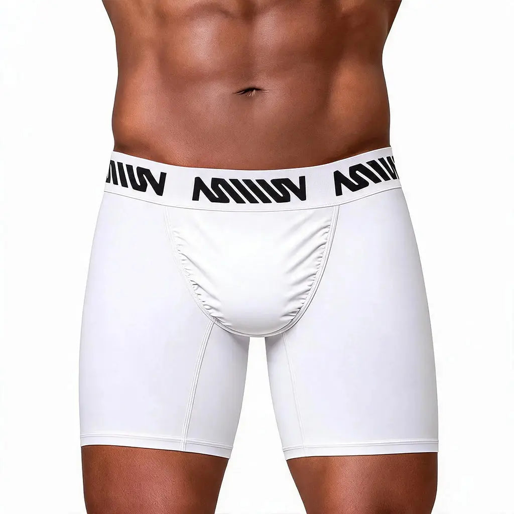 White boxer brief with a snug fit featuring a black branded waistband shown on a model's lower body